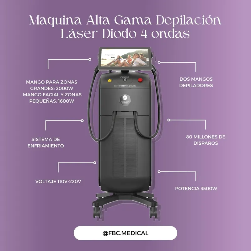 Máquina Alta Gama Depilación Láser Diodo 4 Ondas (Dos Mangos 3500W)