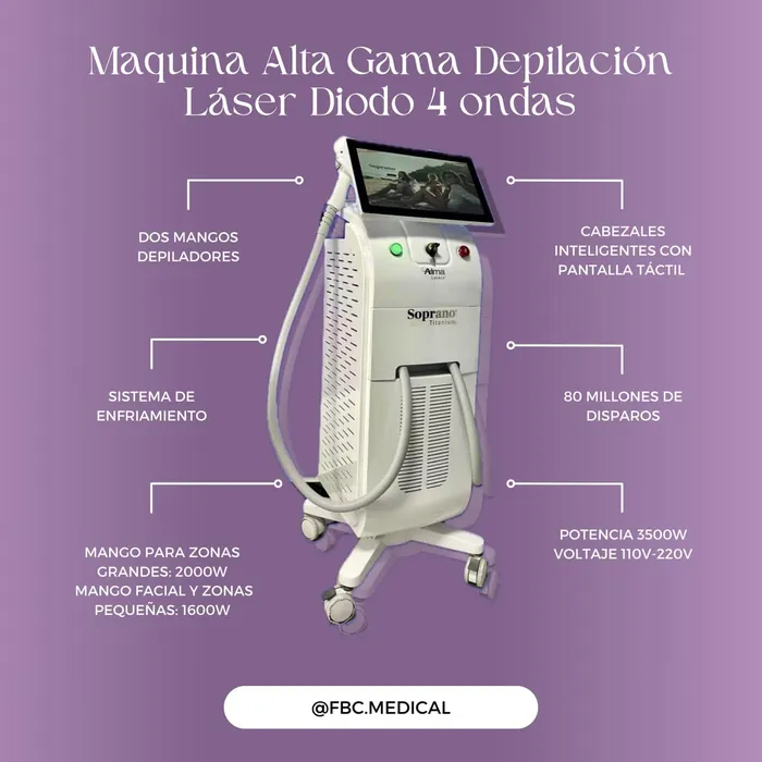 Máquina Alta Gama Depilación Láser Diodo 4 Ondas (Dos Mangos 3500W)